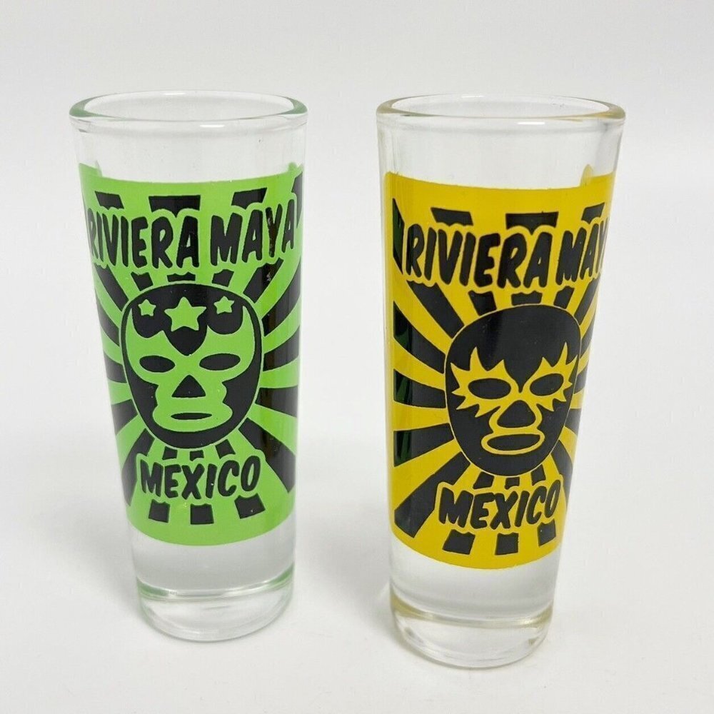 Set of 2 Souvenir 4" Tall Shot Glasses from  Riviera Maya Mexico New